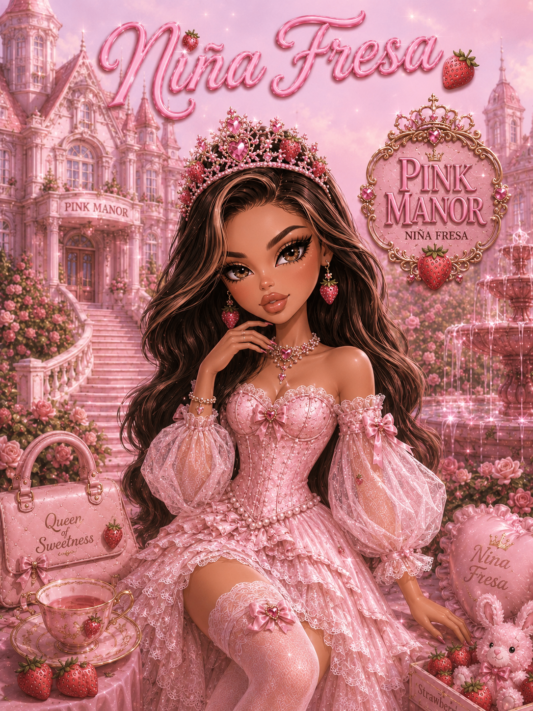 Niña Fresa in a pink gown and strawberry crown outside The Pink Manor